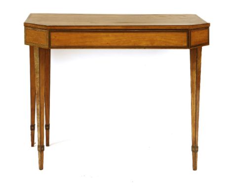 A George III satinwood and crossbanded fold over card table, with canted corners, 92cm wide