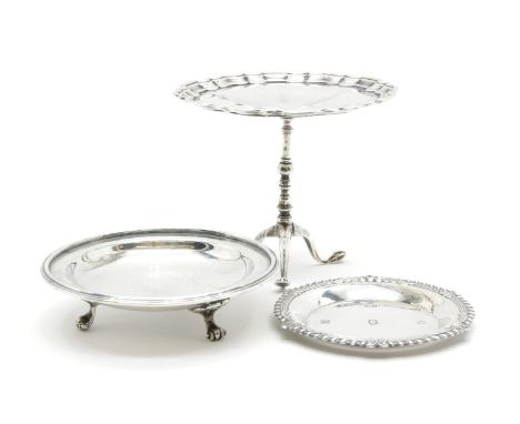 A Goldsmiths &amp; Silversmiths Company miniature tripod table, af, together with a silver miniature salver and tray, approxi