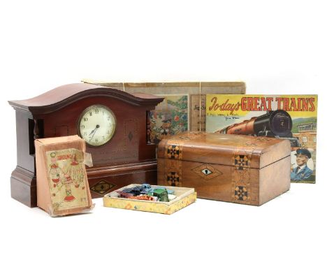 An Edwardian inlaid mahogany mantel clock, together with a tunbridgeware box, a Japanese tin plate toy, a Walt Disney jigsaw 