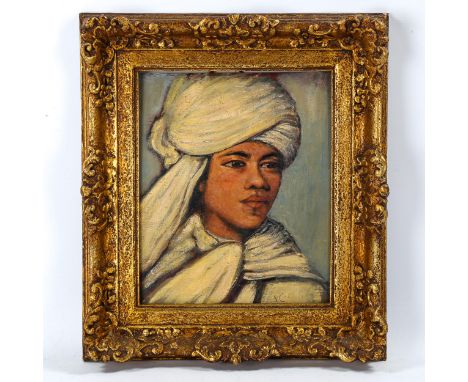 Oil on panel, head and shoulders portrait of a Middle Eastern boy wearing a turban, signed with initials AC, 29cm x 25cm, fra
