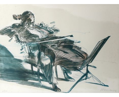 Claude Weisbuch, colour print, the cellist, signed in pencil, no. 51/250, image 55cm x 73cm, framedVery slight paper discolou
