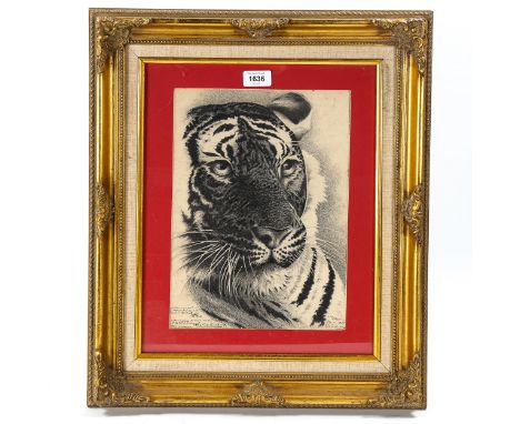 Trajan St Ines (1902 - 1995), pen and ink drawing, tiger, signed and inscribed, 33cm x 24cm, framedVery light foxing, no tear