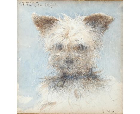 Edward Fahey (1844 - 1907), watercolour, portrait of a Terrier "Tatters", signed with initials, dated 1890, 14cm x 13cm, fram
