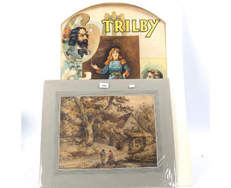 19th century watercolour, fishermen by a mill, unsigned, 30cm x 40cm, and an advertising poster for Trilby, 73cm x 47cm, unfr