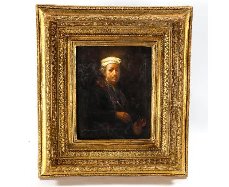 R Wilson, contemporary oil on panel, portrait of Rembrandt, signed, 24cm x 20cm, framedGood condition 