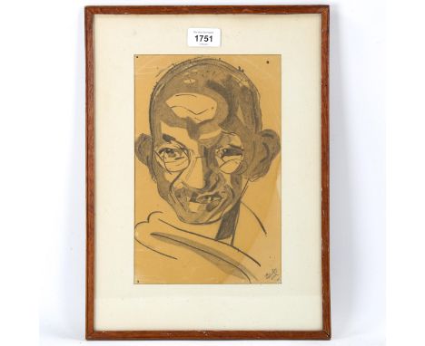 Charcoal/pencil portrait of Gandhi, signed and dated '37, 27cm x 17cm, framedEven paper discolouration 
