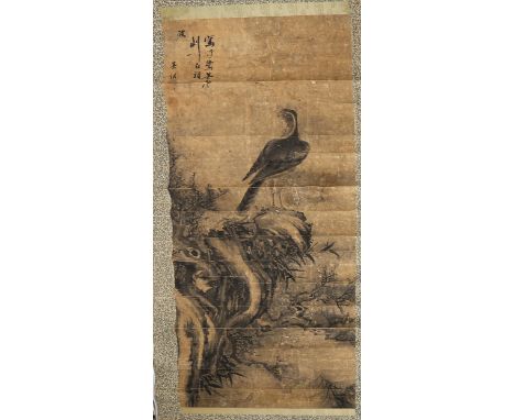 Chinese School, watercolour, scroll painting, landscape with bird of prey, signed, 104cm x 47cm 