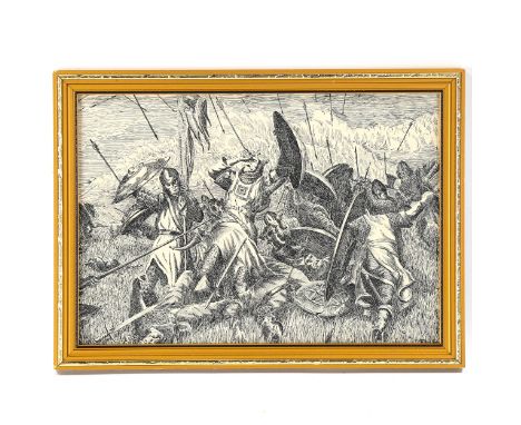 Ernest Speller, pen and ink, The Battle of Hastings, signed with initials, 1971 Art Exhibition label verso, 20.5cm x 29.5cm, 