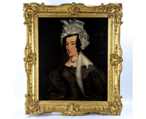 19th century oil on canvas, half length portrait of Elizabeth Bush (nee Oliver), unsigned, original gilt frame, 75cm x 62cmTh