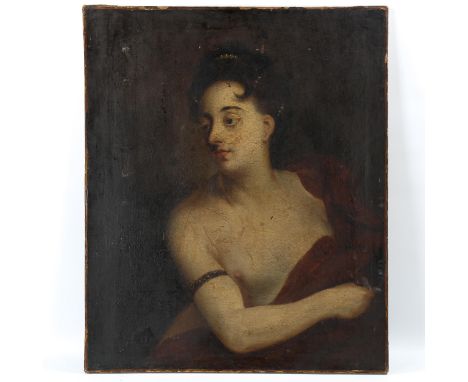 17th/18th century oil on canvas, Classical portrait of a woman, unsigned, 76cm x 63cm, unframedVery old re-lining with exhibi