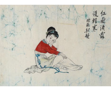 20th century Japanese School, painting on silk, portrait of a girl with text inscription, 40cm x 55cm, framedLight foxing 