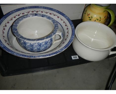 Two chamber pots, a large basin and a jug. COLLECT ONLY.Blue & white potty has a chip to bottom rim.Other pieces look to be i