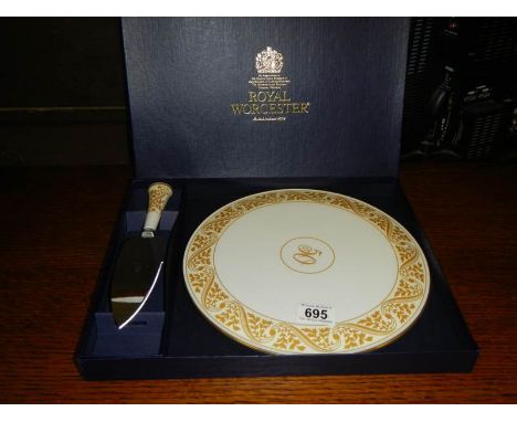 A Royal Worcester 50th wedding anniversary cake plate with cake slice. boxed.