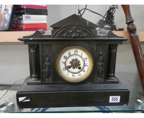 A Victorian black slate mantel clock, COLLECT ONLY.