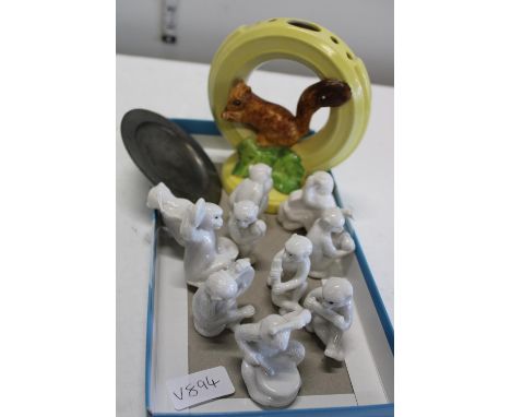 A job lot of assorted ceramic figurines, flower posy and pewter plate 