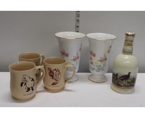 Three vintage Wade tankards & Wade bottle along with two Ringtons vases