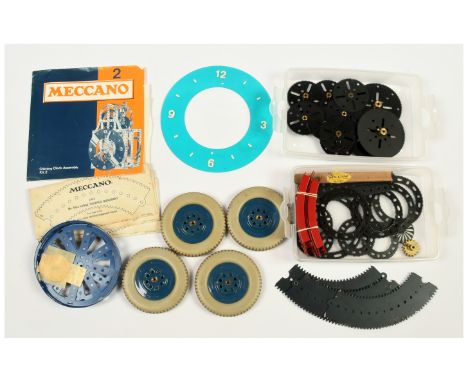 Meccano various loose components. To include parts for No.2 Clock, Reproduction 8x Channel Segments, 3.5" Plastic Road Wheels