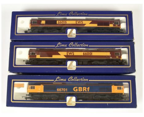 Lima OO Group of 3x Class 66 Diesel Loco's. Comprising L204679 66001 EWS Maroon / Yellow; L204691 66016 EWS Maroon / Yellow; 