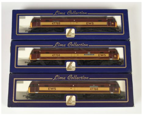 Lima OO Group of 3x Maroon / Yellow EWS Class 47 Diesel Loco's. L204690 47758 - Regency Rail Cruises; 204767 47785 - Fiona Ca