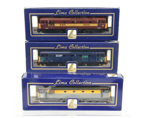 Lima OO Group of 3x Class 33 Diesel loco's. L204610 BR Grey / Yellow 33046 - Merlin; L204660 Maroon 33030 - EWS; L204986 Blue