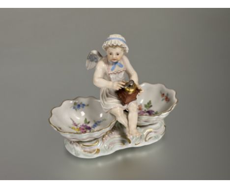A Meissen porcelain double table salt, late 19th century, the twin bowls painted with insects and floral sprays flanking a se