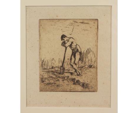 Jean Francois Millet (France, 1814 - 1875)"Man Leaning on Spade"Etching. Unsigned.Old label verso from original framing.Image