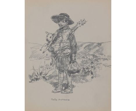 Francis Luis Mora (American, 1874 - 1940)"Tono Antonio"Original pencil sketch of shepherd holding lamb with guitar.Provenance