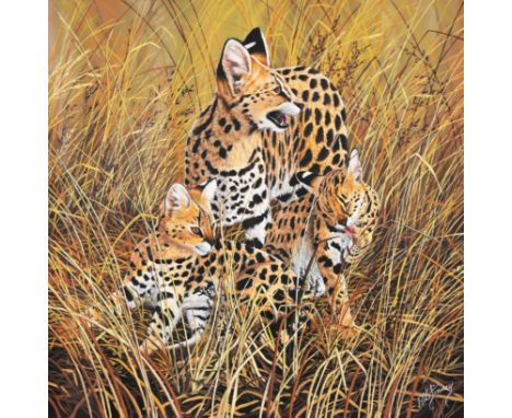 R.G. Finney (Wyoming, B. 1941)"Serval / All Ears"Acrylic on Canvas. Signed lower right.Original illustration painting. Award-