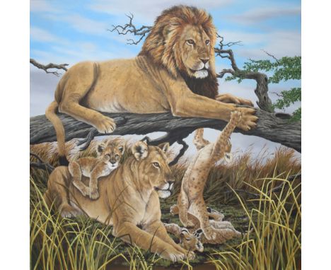 R.G. Finney (Wyoming, B. 1941)"Lion Family At Rest"Signed lower middle. Original Acrylic painting on Wood.Provenance: Collect
