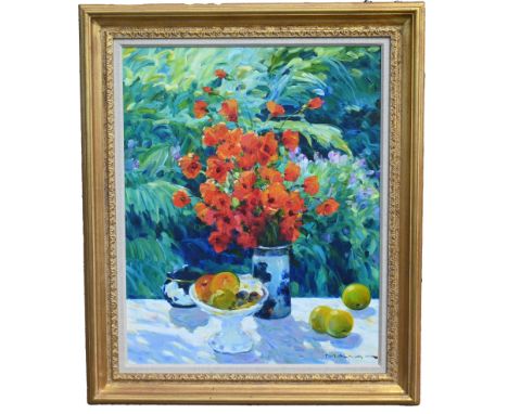 Omar Hamdi "Malva" (Syrian, 1951 - 2015)"Nature morte aux coquelicots et fruits"Oil on Canvas. Signed lower right.Original re