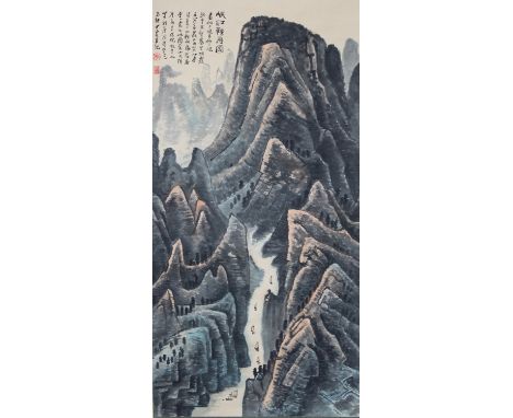 Chinese School Monumental Original Watercolor/Ink Scroll Painting.  Calligraphy inscription upper left, signed with two artis