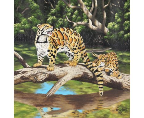R.G. Finney (Wyoming, B. 1941)"White Clouded Leopard / Natural Bridge"Acrylic on Canvas. Signed lower right.Original illustra