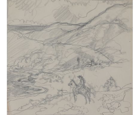 Francis Luis Mora (American, 1874 - 1940)Original pencil sketch of horseman in mountain landscape.Provenance: From the estate
