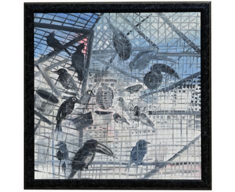 Hunt Slonem (American, b. 1951)Early oil on canvas painting depicting birds in the artist's studio atrium.  Acquired directly