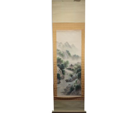 Signed, Chinese Scroll Painting.  Watercolor on paper. Cased in a signed wooden box.  Artist seal lower right.Image size: 42 