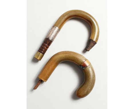 TWO RHINO HORN WALKING STICK HANDLES, one with silver collar.