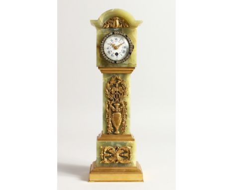 A SUPERB 19TH CENTURY ONYX MINIATURE LONGCASE CLOCK, the white dial with painted garlands, the case with ormolu mounts 14ins 