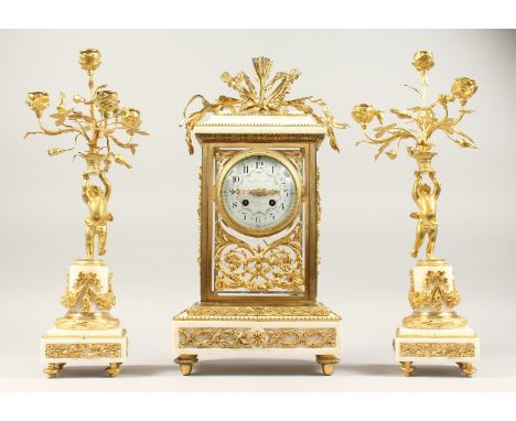 A VERY GOOD LOUIS XVITH STYLE WHITE MARBLE ONYX THREE PIECE CLOCK GARNITURE, the clock by LEFELVE  FRES, Rue Beranger, Paris.
