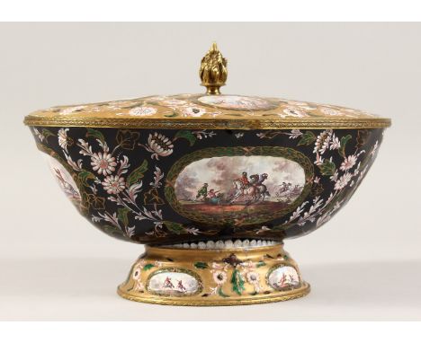 A VERY GOOD 19TH CENTURY ENAMEL CIRCULAR TUREEN AND COVER with various oval and circular scenes, after Wouverman. 11ins long 