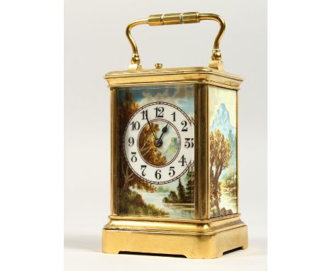 A VERY GOOD 19TH CENTURY FRENCH REPEATER CARRIAGE CLOCK with two painted porcelain panels and face including a scene of Winds
