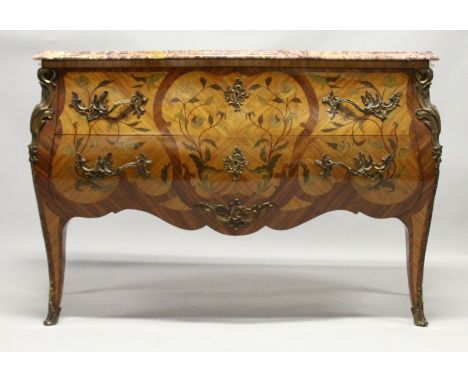 A VERY GOOD LARGE LOUIS XVIth DESIGNKIINGWOOD AND MARQUETRY TWO DRAWER BOMBE COMMODE with marble top on curving legs. 5ft 5in