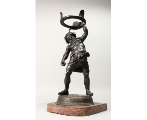 A GOOD 19TH CENTURY BRONZE OF THE GREEK GOD SILENUS, wrestling a serpent above his head, on a marble base. 17ins high