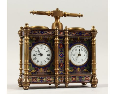 A BRASS AND ENAMEL DOUBLE CARRIAGE CLOCK