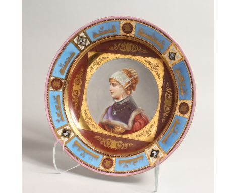 A VERY GOOD 19TH CENTURY VIENNA CIRCULAR PORTRAIT DEEP DISH with blue border and portrait of a young girl. 13ins diameter. Vi