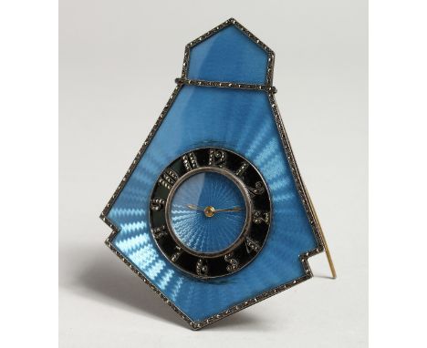 A GOOD STERLING SILVER AND BLUE ENAMEL EASEL CLOCK D.R.E.M. 4.5ins high.