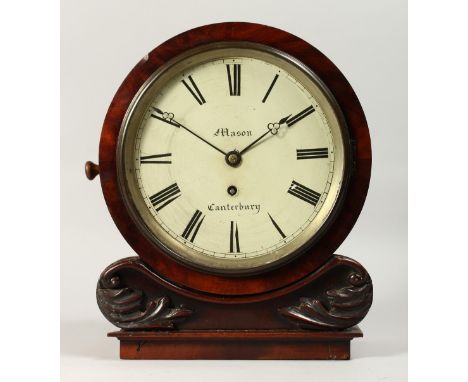 A 19TH CENTURY MAHOGANY CASED CIRCULAR WALL CLOCK WITH FUSEE MOVEMENT, painted dial, signed Mason, Canterbury. Dial 7ins diam