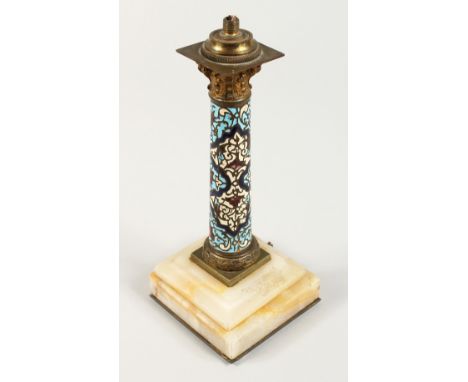 AN ONYX AND CLOISONNE ENAMEL CANDLESTICK 9ins high.