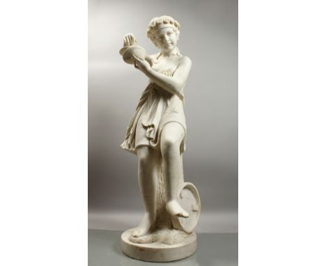 A GOOD LARGE ITALIAN CARVED CARRERA MARBLE, CHILD PERSONIFYING MUSIC, carved as a young female semi nude seated on a tree stu