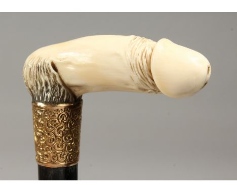 A VICTORIAN CARVED IVORY EROTIC PHALLIC WALKING STICK with gilt band engraved R.C.H. DRABBLE. 34ins long 754 grms.