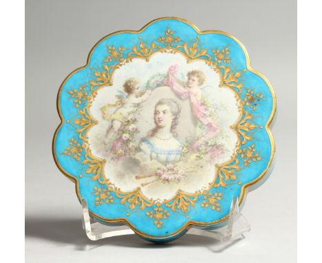 A 19TH CENTURY SEVRES DISH painted with a portrait of Madame Du Barry. 5.5ins